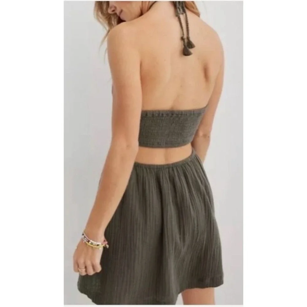 Aerie NEW Crochet Halter Top Gauze Olive Green LARGE Cottagecore Feminine Dress - Picture 2 of 12